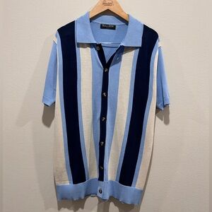Vintage inspired Striped Button Down Polo Shirt - Blue/Cream Kallspin, Small